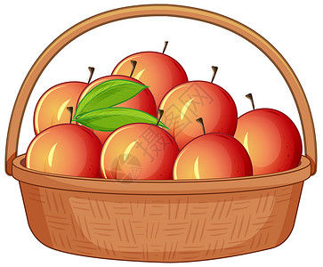 白色背景上孤立的木制篮子里的许多桃子插画