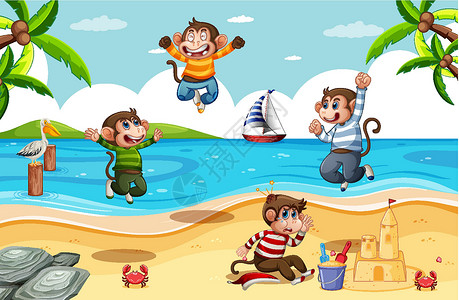 小猴子玩耍四只小猴子在沙滩上跳跃的场景设计图片