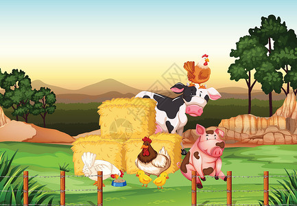 新鲜猪腿肉远处有许多动物的农场场景插图天空乡村奶牛卡通片土地风景羽毛环境农业设计图片