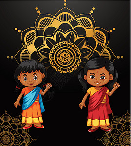 印度快乐女孩背景设计与快乐的孩子和曼荼罗图案国家节日女性植物卡片宗教情感青年女孩们孩子们插画