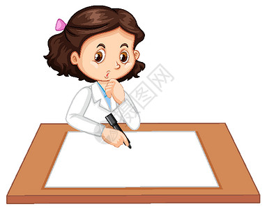穿着科学家制服的可爱女孩在空白纸上写字活动学习衣服青年学生小学生活女性实验实验室背景图片