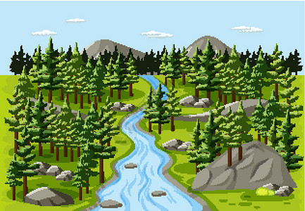 中流击水在森林自然景观场景中流插画