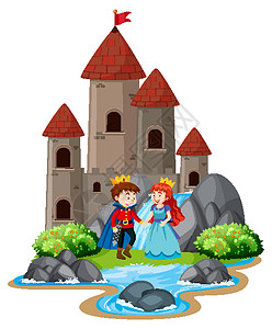 公主塔大天守阁与王子和公主的场景插画