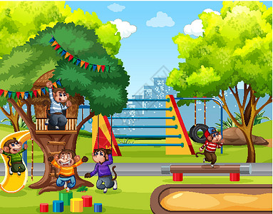 孩子们跳跃五只小猴子在公园操场上跳跃的场景环境歌曲乐趣动物微笑动物群生物活动教育童年设计图片