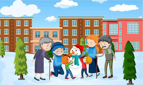 成员崔雪莉与家庭成员的户外冬季场景插画