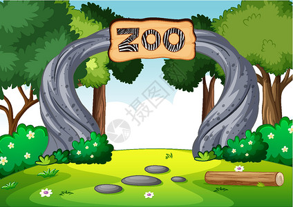 原木指示牌自然场景中的空动物园框架天空绘画草地卡通片字母风景字体插图标识插画