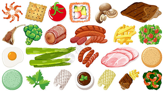 海鲜配料一套新鲜食品配料蔬菜团体夹子艺术沙拉绘画插图收藏海鲜卡通片设计图片