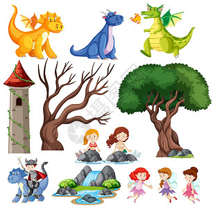 德龙一组儿童是童话城堡和德拉戈插画