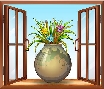 窗户图温多附近花瓶里的花插图花瓣建筑植物装饰风格夹子窗户房子绘画插画