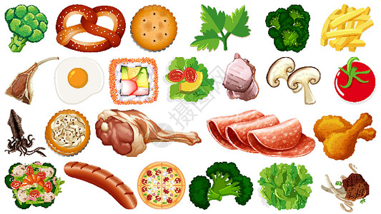椒盐琵琶虾一套新鲜食品配料插图绘画收藏香肠艺术蔬菜卡通片沙拉夹子海鲜插画