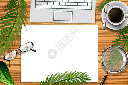 笔记本电脑桌面带绿假办公元素的顶视图办公桌空白笔记本桌子商业家具插图桌面植物工作职场插画