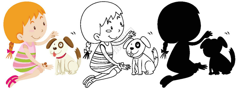小狗小女孩女孩玩可爱的狗颜色和轮廓和剪影设计图片