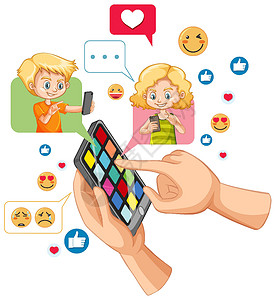 FACEBOOK表情符号男孩和女孩在智能手机中聊天 社交媒体 facebook 图标主题在白色背景下被隔离插画