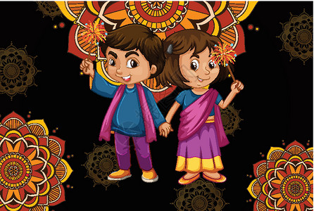 印度快乐女孩背景设计与快乐的孩子和曼荼罗图案插图宗教男孩们孩子们装饰品童年冥想少年植物男性插画