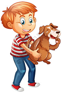 抱狗男孩男孩和一只狗一起玩 被白色背景隔离小狗队友卡通片夹子友谊享受快乐孩子犬类娱乐设计图片