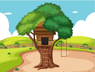 生态屋公园场景中的树屋绘画环境插图生态森林树叶观光草地卡通片叶子插画