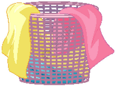 粉色篮子白色背景上带衣服的洗衣篮黄色篮子家务毛巾卫生清洁工绘画蓝色粉色艺术插画
