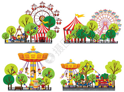 儿童主题公园马戏团的四个场景有很多骑插画
