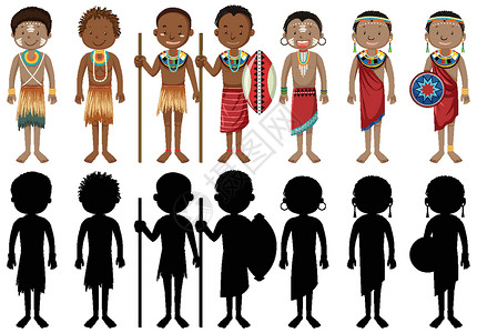 孩子衣服素材一组非洲部落人物及其剪影阴影社区绘画黑色孩子衣服插图男性村庄文化插画