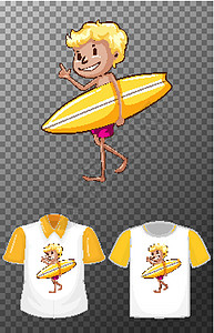 2个冲浪板拿着黄色冲浪板卡通人物的男孩 透明背景上有两种衬衫运动收藏短袖产品马球孩子边界少年衣服团体插画