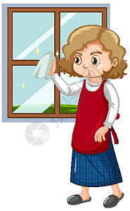 窗户清洁白色背景上用布清洁窗户的女孩插画