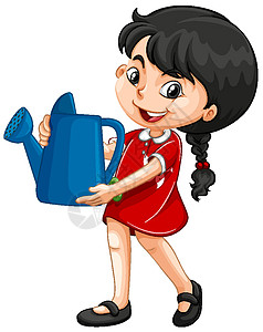 蓝色浇水壶拿着蓝色浇水的亚洲女孩喜悦享受幼儿园青年学校学生乐趣行动团体孩子插画