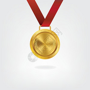 逼真的 3d 冠军金牌与红丝带矢量它制作图案红色丝带优胜者荣誉勋章背景图片