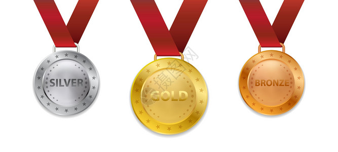 荣誉铜牌一套逼真的 3d 冠军金银牌和铜牌与红丝带矢量它制作图案成就青铜挑战丝带比赛质量插图领导者运动勋章插画