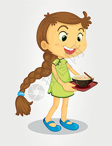 长筷子长头发的女孩尾巴筷子盘子生长面条女性黑发微笑艺术食物插画