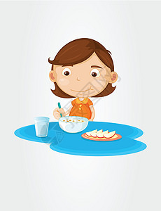 吃早餐的女人吃早餐的女孩孩子勺子水果卡通片蓝色生长艺术剪裁盘子杯子插画