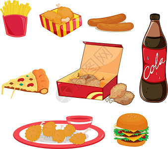 食品盒子垃圾食品脂肪插图盒子苏打小吃热狗活力薯条垃圾收藏插画