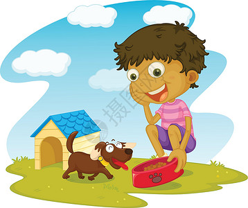 宠物喂食男孩和他的狗狗插图狗窝食物小孩儿宠物卡通片孩子们插画