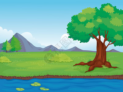 迪河农村景观太阳流动卡通片阳光场地松树地平线溪流草地场景设计图片