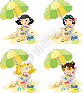 伞海滩海滩女孩日光浴支撑躺椅裙子休息室收藏太阳镜女性海洋团体插画