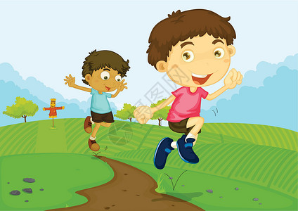 公园里的孩子在公园里稻草人花园天空男孩们乌鸦场地孩子们孩子农作物农场插画