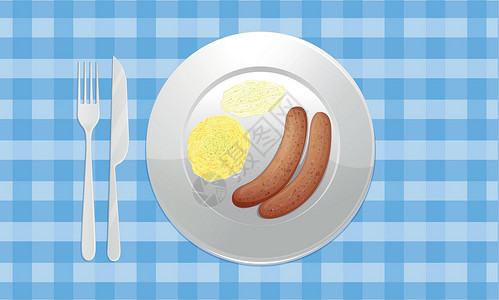 库迪吉香肠迪斯香肠蔬菜用具勺子塑料材料盘子营养背景食物午餐插画