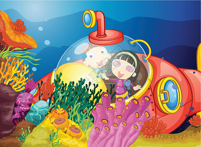 小潜艇儿童用水女性男人海洋女士植物群蓝色海滩玻璃女孩孩子们插画