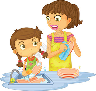 一个盘子一个女孩洗盘子泡沫女孩母亲菜肴情感肥皂女性洗涤餐具关爱插画