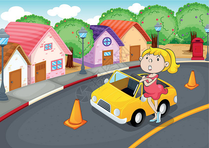 车房子一个有 ca 的女孩金色街道树木女性车道汽车卡通片天空路灯蓝色插画