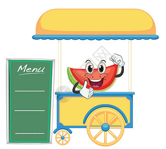 西餐餐盖一个马车摊和一个西瓜旅行绿色红盖水果白色字母框架活动食物轮子插画