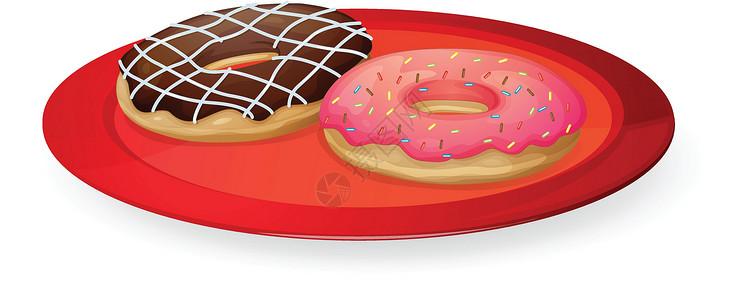 映霜红红盘中的甜甜圈巧克力奶油草图绘画用餐食物育肥饮食艺术品营养插画