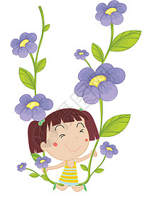花存在登山者爬行者女孩喇叭花树叶微笑紫色女性花朵剪贴插画