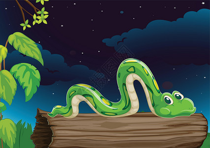 木片一条蛇爬虫草图天空星星树叶卡通片绘画木头场景乐趣插画