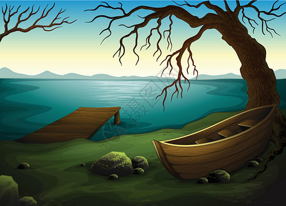 被搁浅小船湖淡水天空苔藓夹子溪流草图营地海洋卡通片环境设计图片