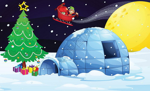 冰钟乳男孩在飞雪的雪橇上星星帮手礼物男人热带月亮男生节日盒子行星插画