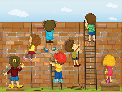 孩子们女孩墙和孩子卡通片梯子绳索砖块草图男性绿色公园天空男人设计图片