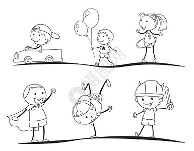 素描剪贴画孩子们素描线稿男生团体女士男人乐趣享受姿势气球艺术插画