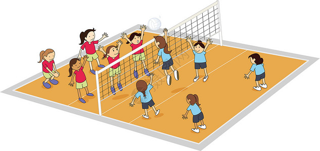 打排球的女孩卡通片女士游戏孩子们团队体育场排球活动运动竞赛背景图片