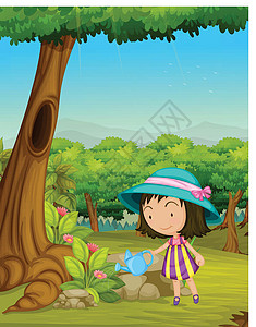 女孩浇水花园背景图片