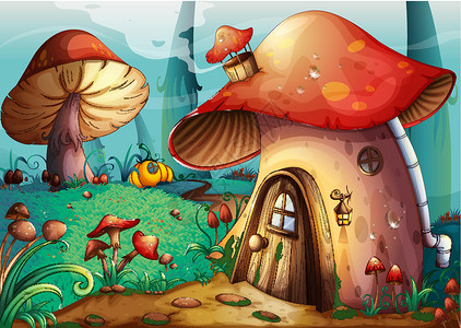 蘑菇屋童话灌木蓝色烟囱房子想像力小说窗户食用菌管道高清图片
